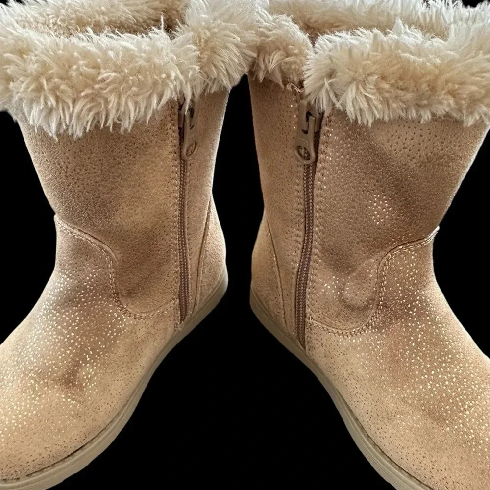 Cat & Jack girls size 9 Leah Gold Glitter Fur Lined Boots‎ Brown Zip Up Winter